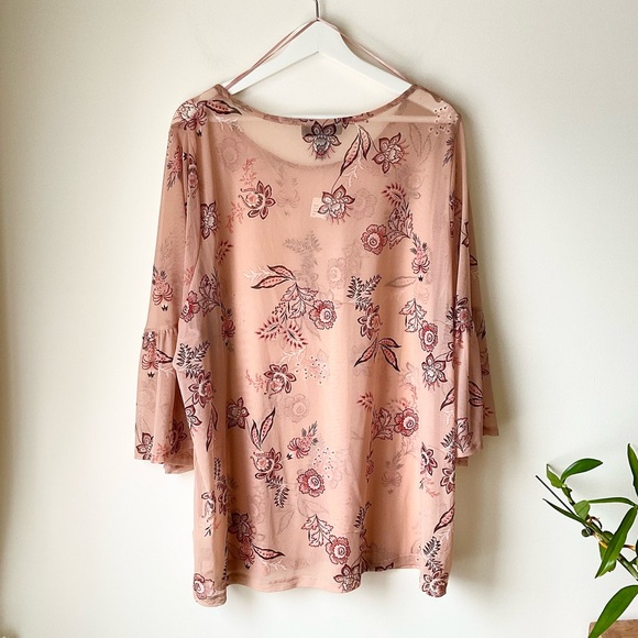 NWT Love and Legend nude mesh top with floral print and bell sleeves. - Picture 9 of 14
